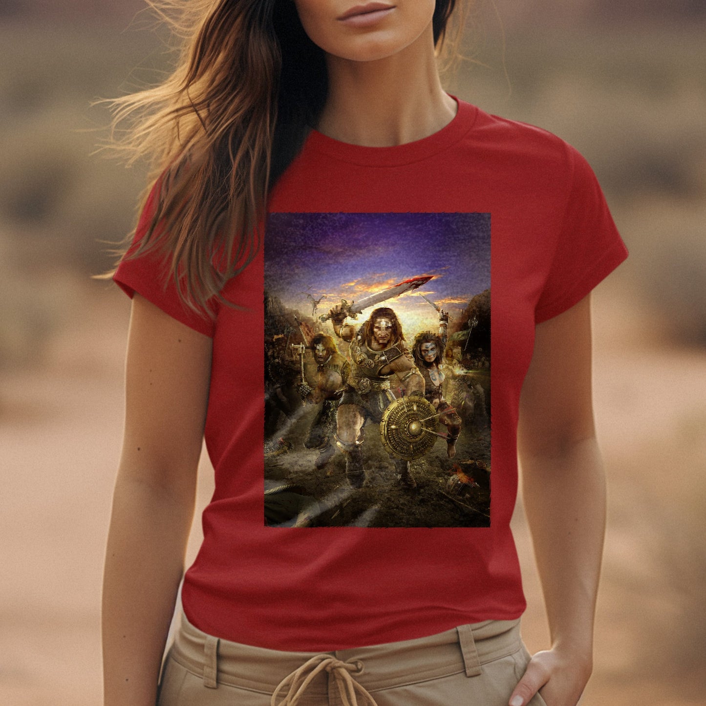 Age of Conan Hyborian Adventures tee worn by a model, red