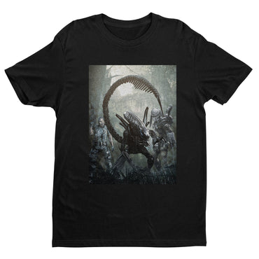 Aliens vs. Predator alien promo art tee — black unisex t-shirt, front view