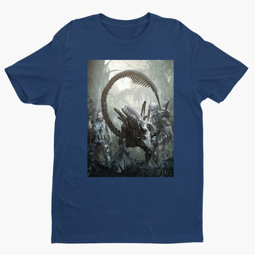 Aliens vs. Predator alien promo art tee — navy unisex t-shirt, front view