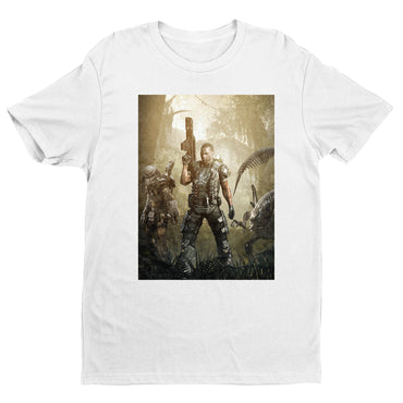Aliens vs. Predator Colonial Marine tee — white unisex t-shirt, front view