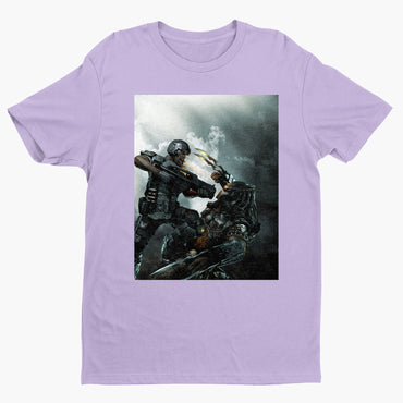 Aliens vs. Predator marketing art by Mike Man tee — violet unisex t-shirt, front view