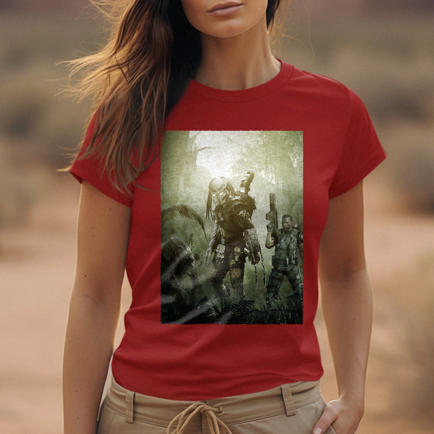 Aliens vs. Predator predator promo art tee worn by a model, red
