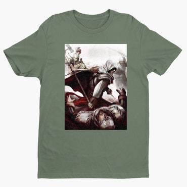Assassin's Creed II Ezio fighting guards tee - green unisex t-shirt, front view