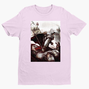 Assassin's Creed II Ezio fighting guards tee - light pink unisex t-shirt, front view