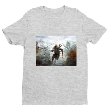 Assassin's Creed III battlefield promo art tee - gray unisex t-shirt, front view