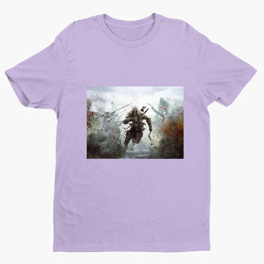 Assassin's Creed III battlefield promo art tee - violet unisex t-shirt, front view