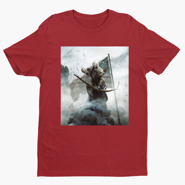 Assassin's Creed III key art tee - red unisex t-shirt, front view
