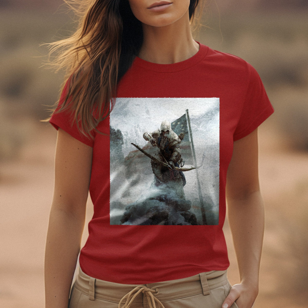 Assassin's Creed III key art tee worn by a model, red