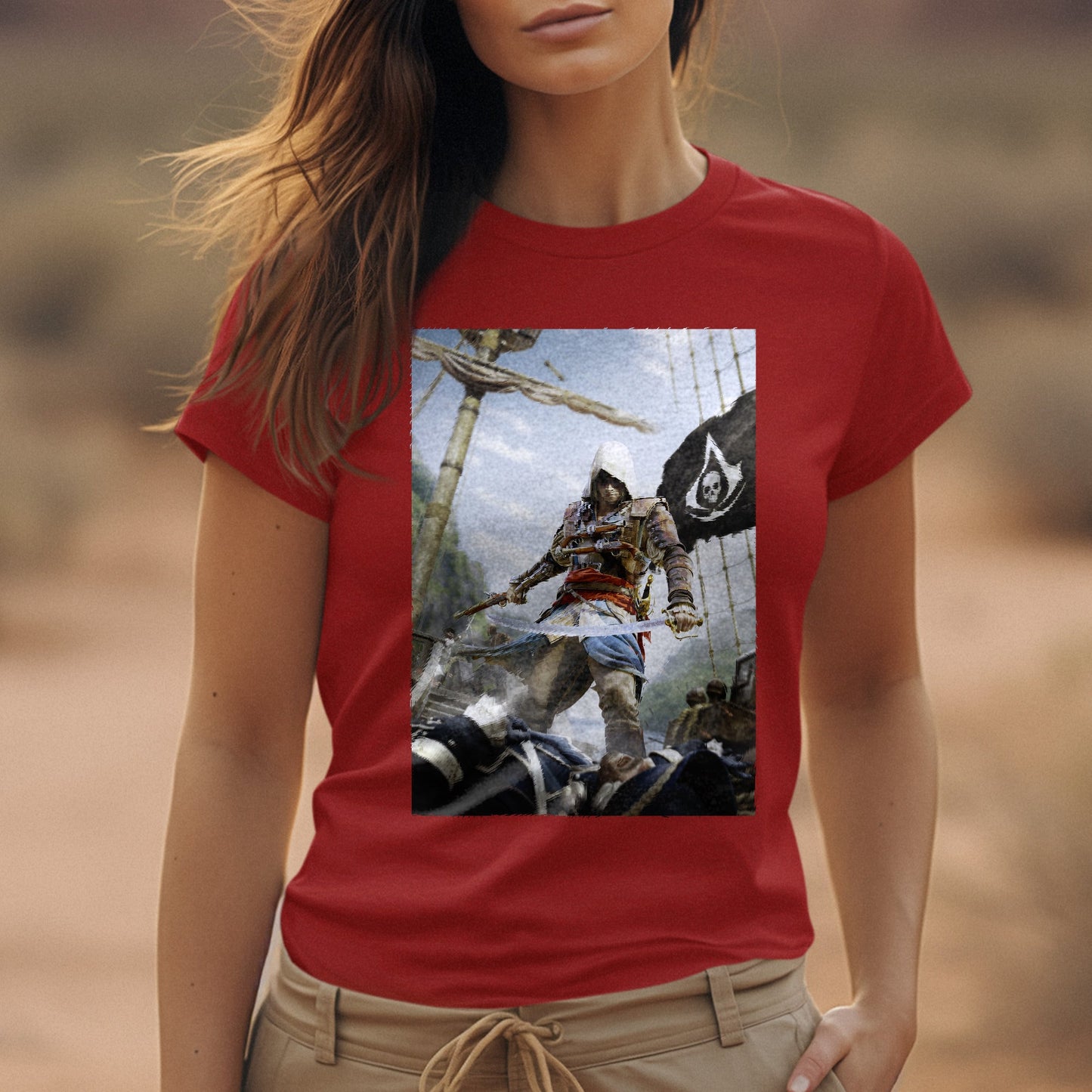 Assassin's Creed IV Black Flag box art tee worn by a model, red