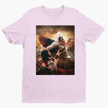 Assassin's Creed Brotherhood Ezio vs Cesare Borgia tee - light pink unisex t-shirt, front view