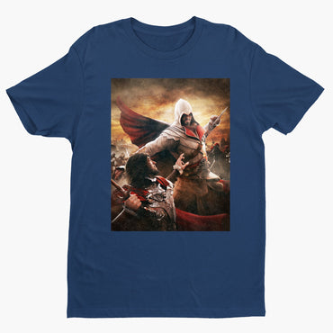 Assassin's Creed Brotherhood Ezio vs Cesare Borgia tee - navy unisex t-shirt, front view