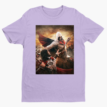 Assassin's Creed Brotherhood Ezio vs Cesare Borgia tee - violet unisex t-shirt, front view