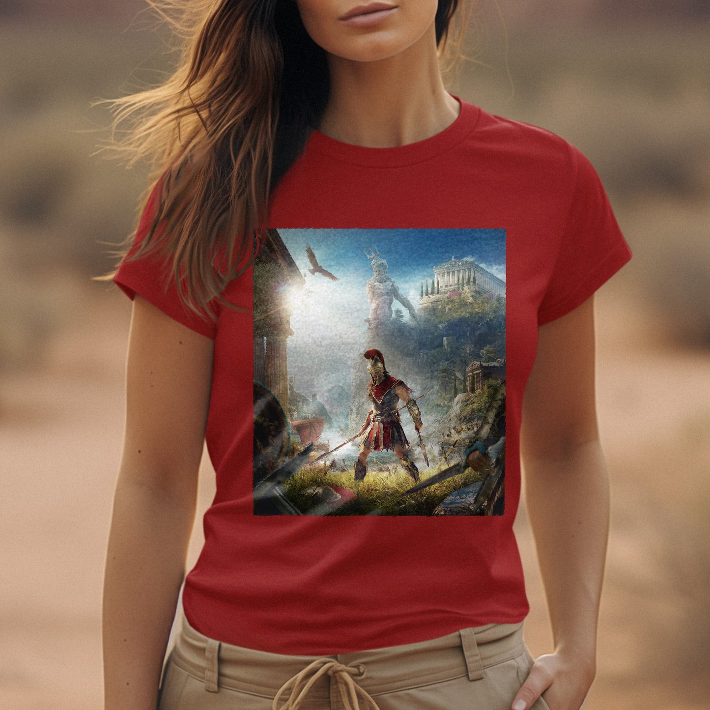 Assassin's Creed Odyssey cover art tee worn by a model, red