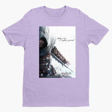 Assassin's Creed Nothing Is True promo art tee - violet unisex t-shirt, front view