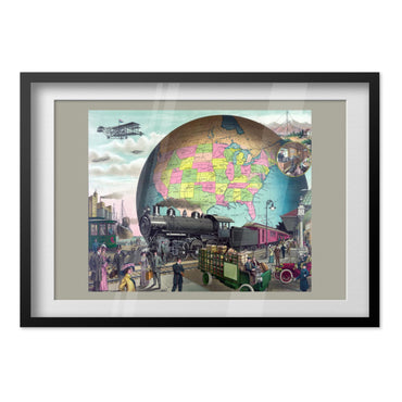 20th Century Transportation Plane and Train poster in a black frame