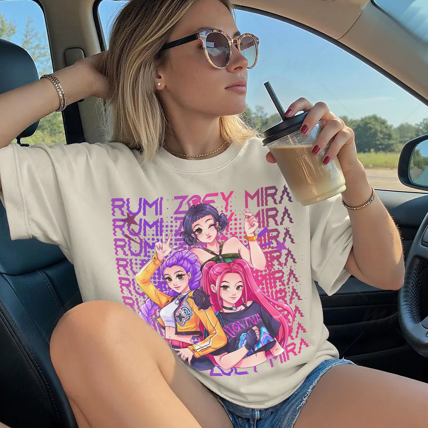 KPOP Huntrix Anime Girl Group Graphic Tee – Rumi, Zoey, Mira