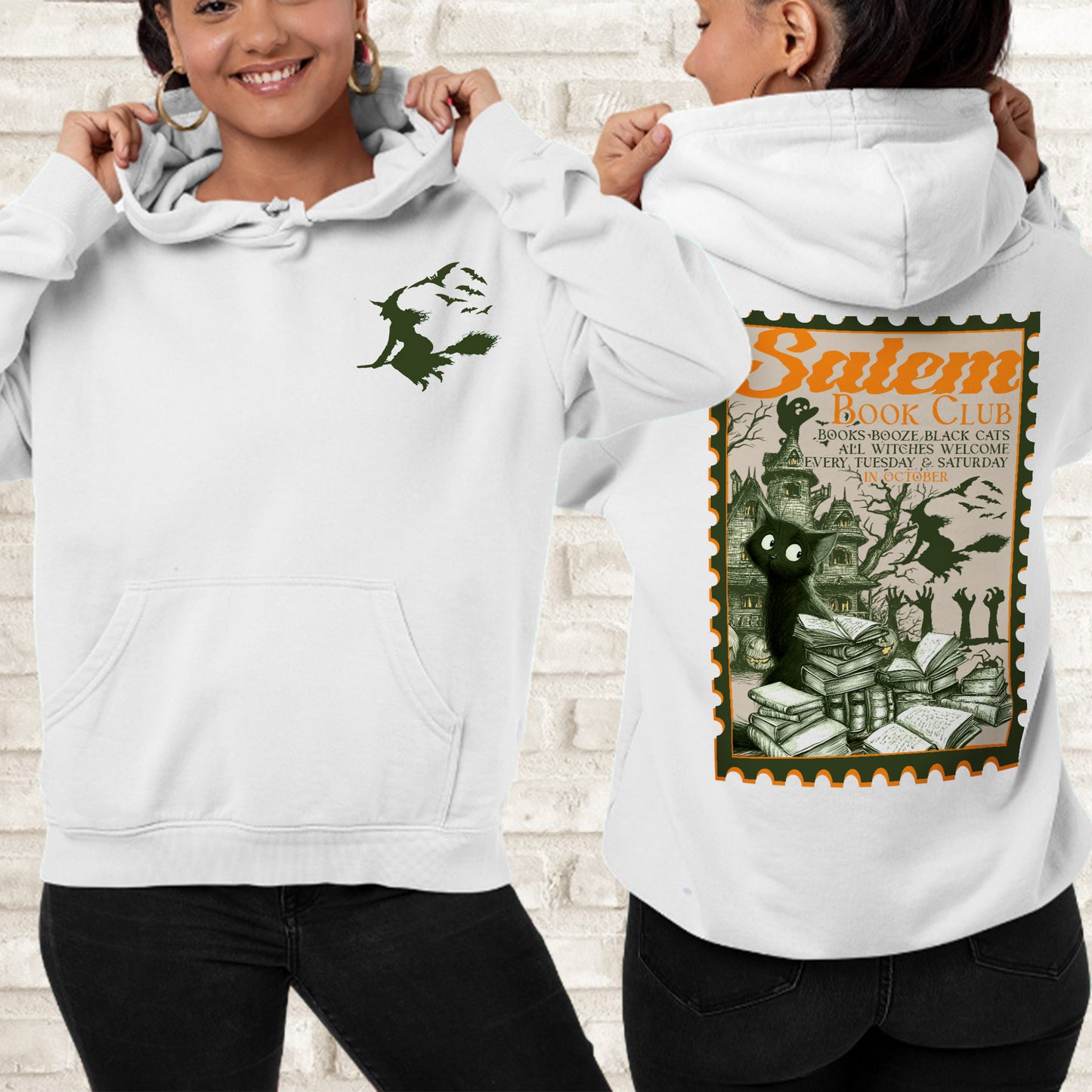 Salem Book Club Witch Hoodie – Vintage Witchcraft Cat Hoodie, Spooky Reading Hoodie, Halloween Witch Pullover