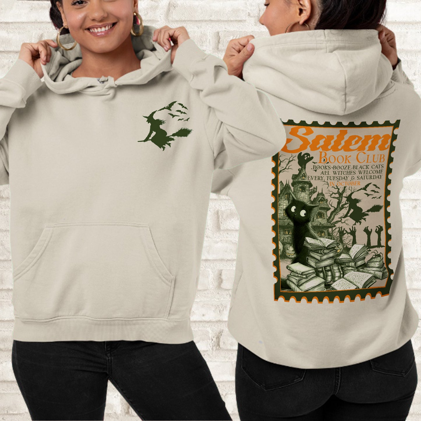 Salem Book Club Witch Hoodie – Vintage Witchcraft Cat Hoodie, Spooky Reading Hoodie, Halloween Witch Pullover