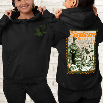 Salem Book Club Witch Hoodie – Vintage Witchcraft Cat Hoodie, Spooky Reading Hoodie, Halloween Witch Pullover
