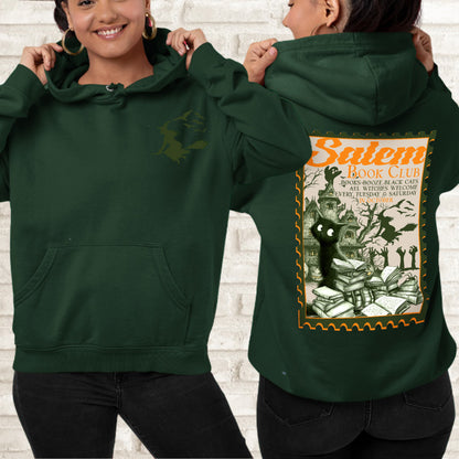 Salem Book Club Witch Hoodie – Vintage Witchcraft Cat Hoodie, Spooky Reading Hoodie, Halloween Witch Pullover