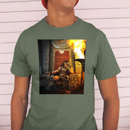 Age of Conan King Conan of Aquilonia tee worn by a model in a cap, green
