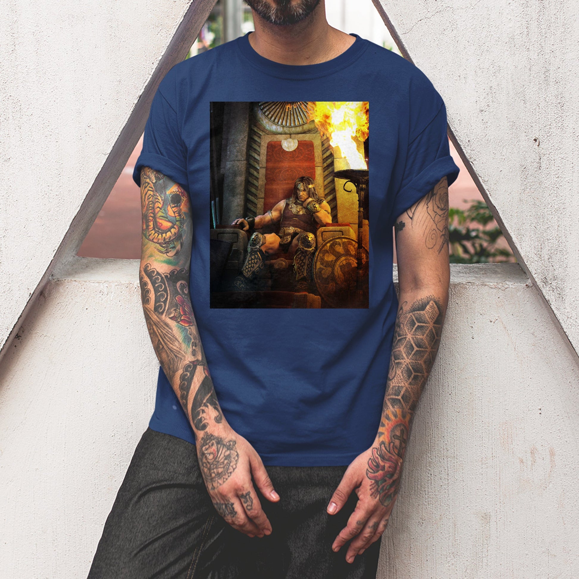 Age of Conan King Conan of Aquilonia tee worn by a model, navy
