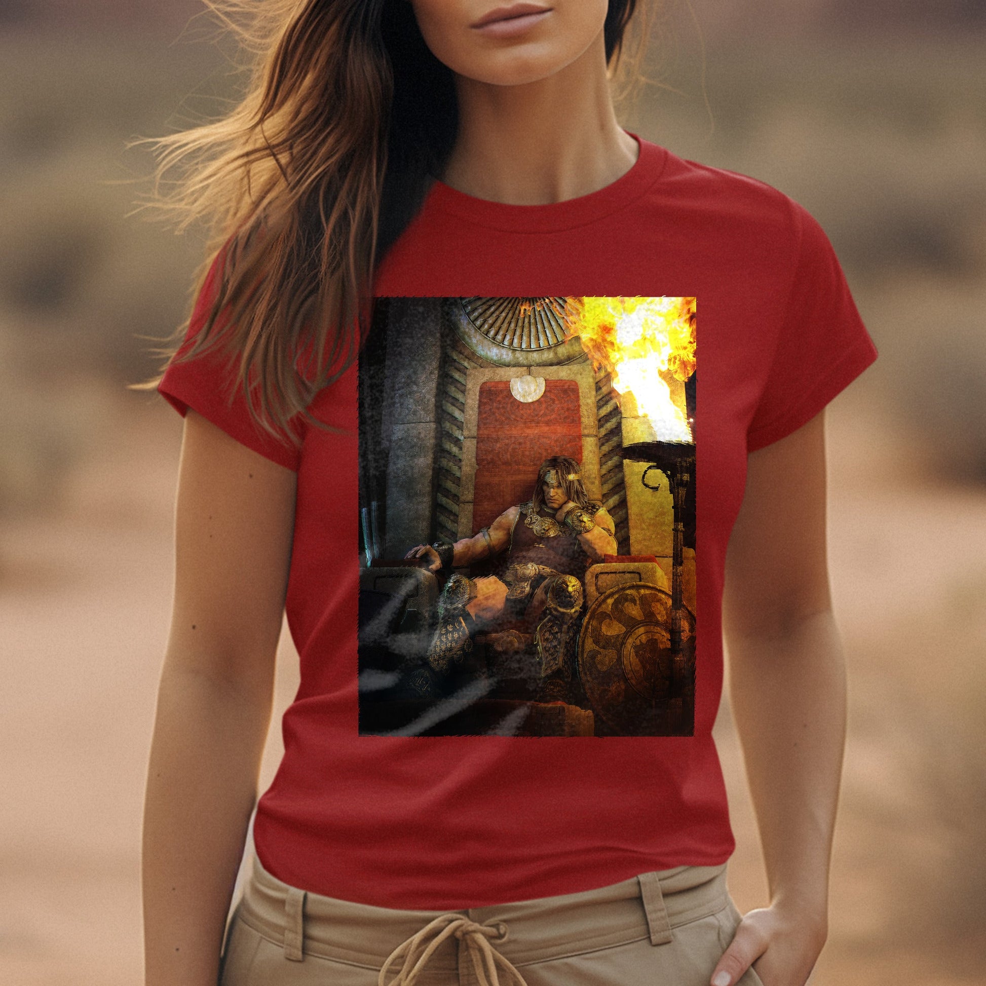 Age of Conan King Conan of Aquilonia tee worn by a model, red