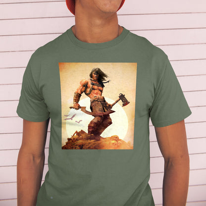Age of Conan King Conan tee worn by a model in a cap, green