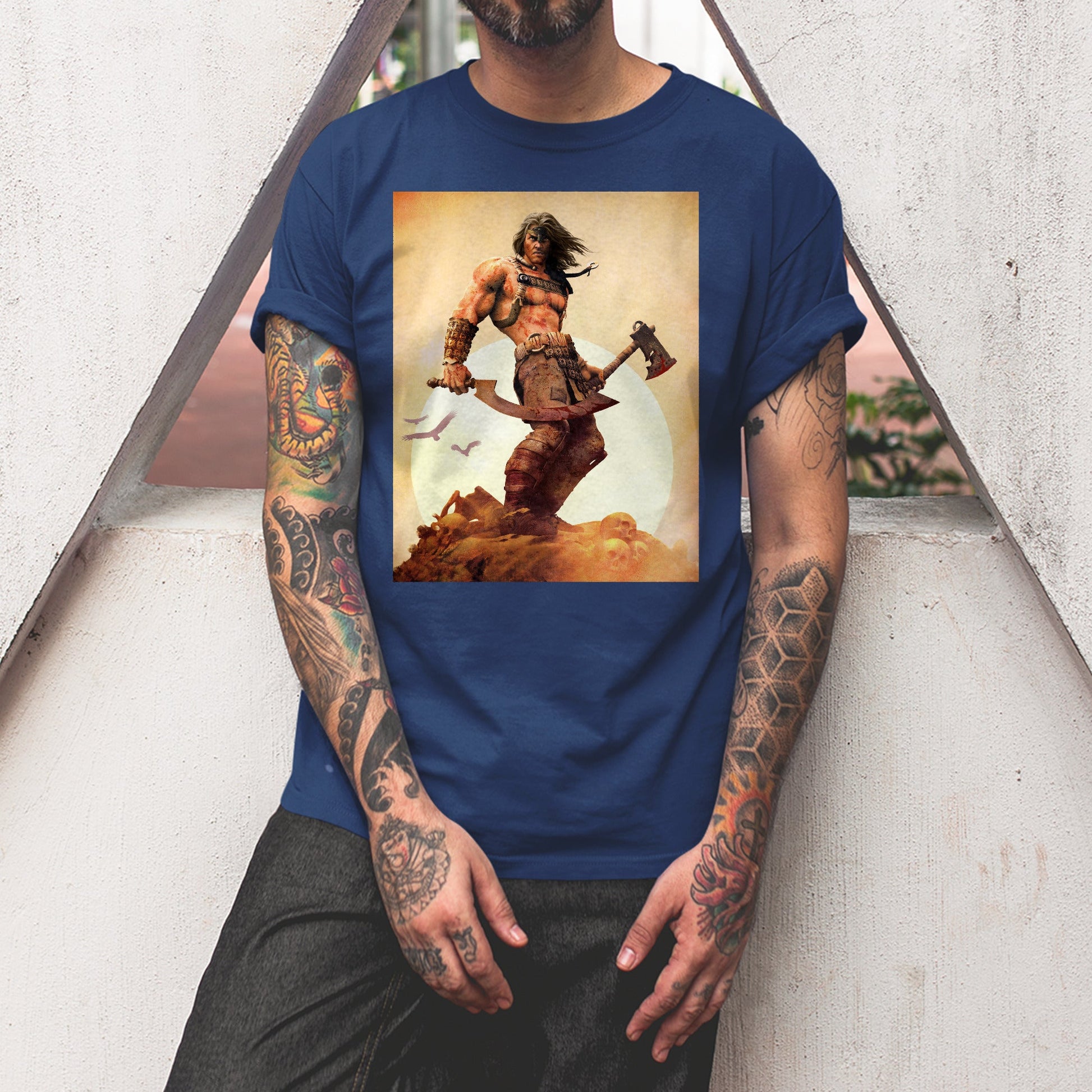 Age of Conan King Conan tee worn by a model, navy