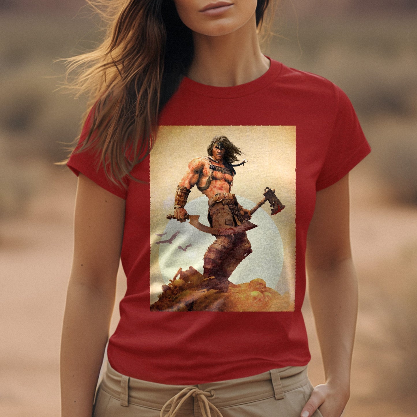 Age of Conan King Conan tee worn by a model, red