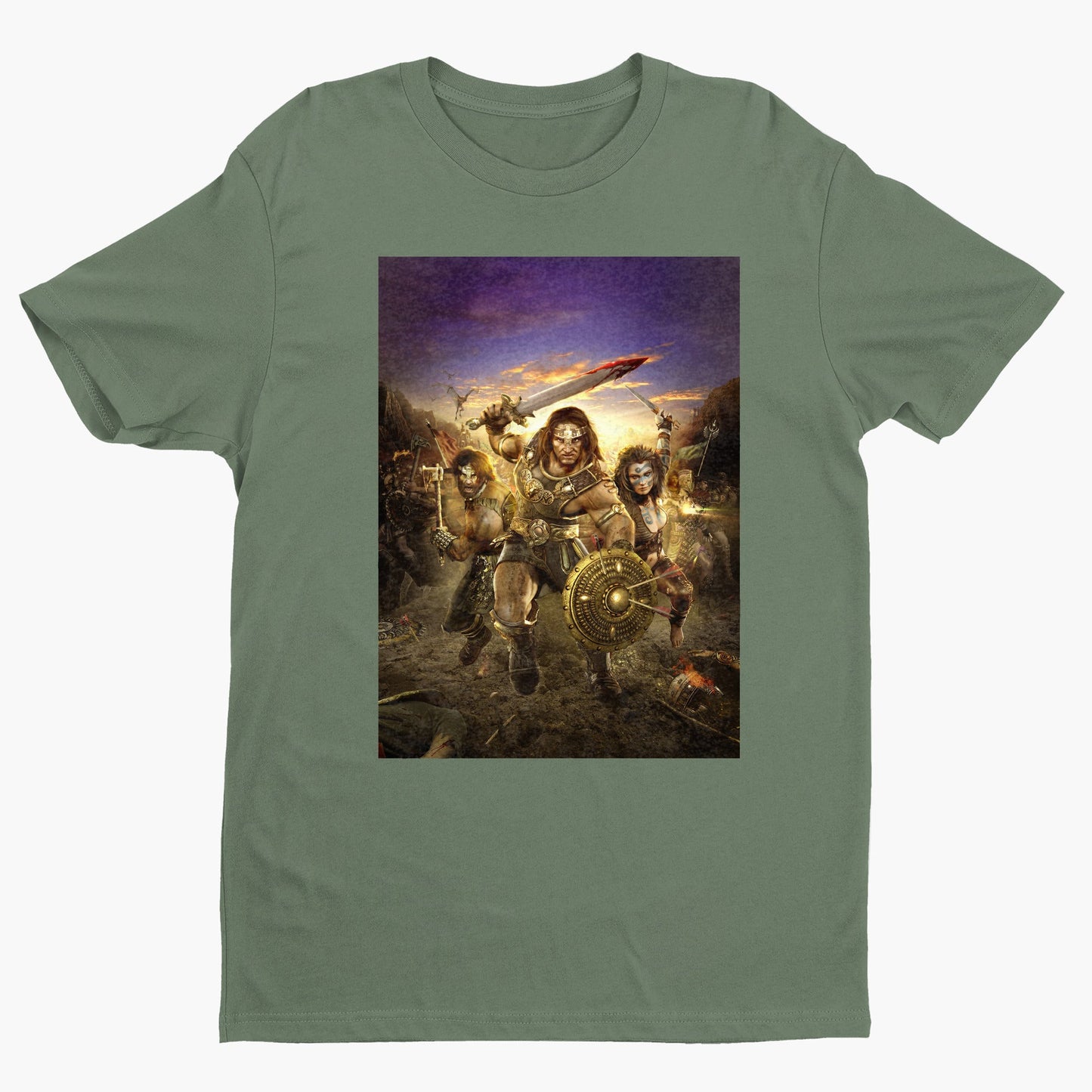 Age of Conan Hyborian Adventures tee — green unisex t-shirt, front view
