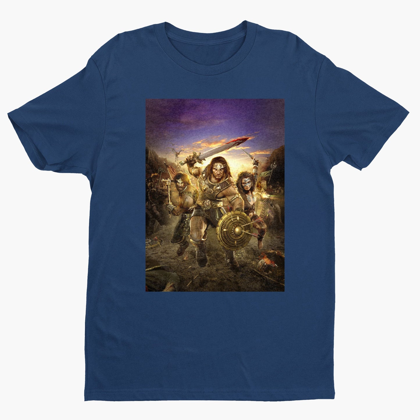 Age of Conan Hyborian Adventures tee — navy unisex t-shirt, front view