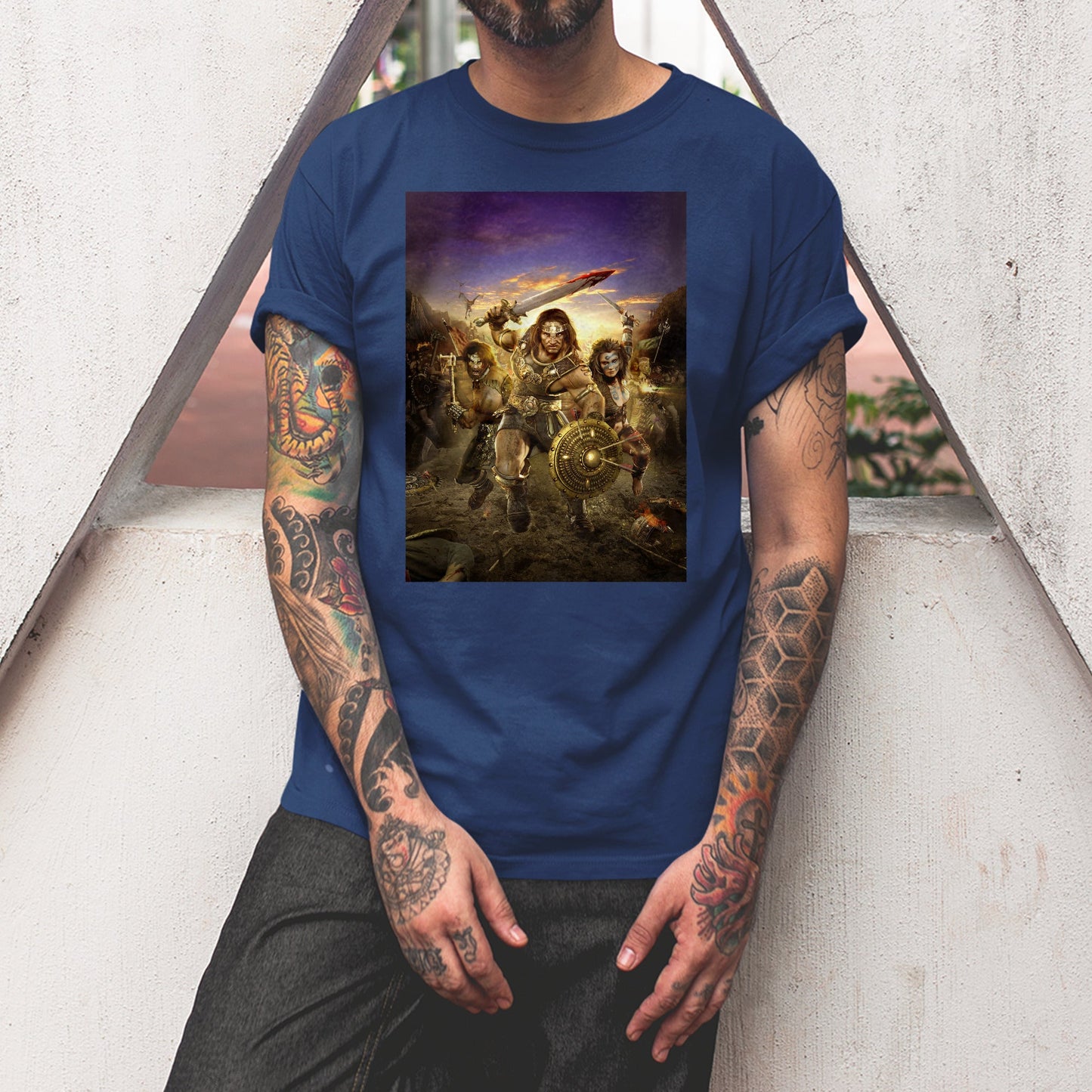 Age of Conan Hyborian Adventures tee worn by a model, navy