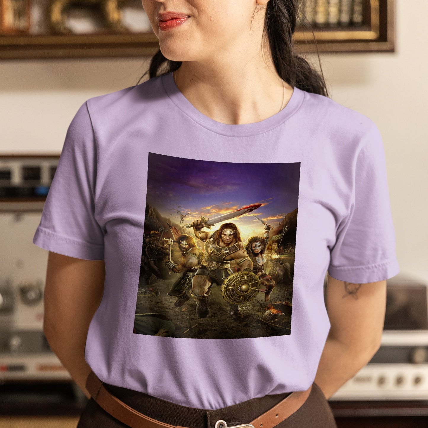 Age of Conan Hyborian Adventures tee worn by a model, violet