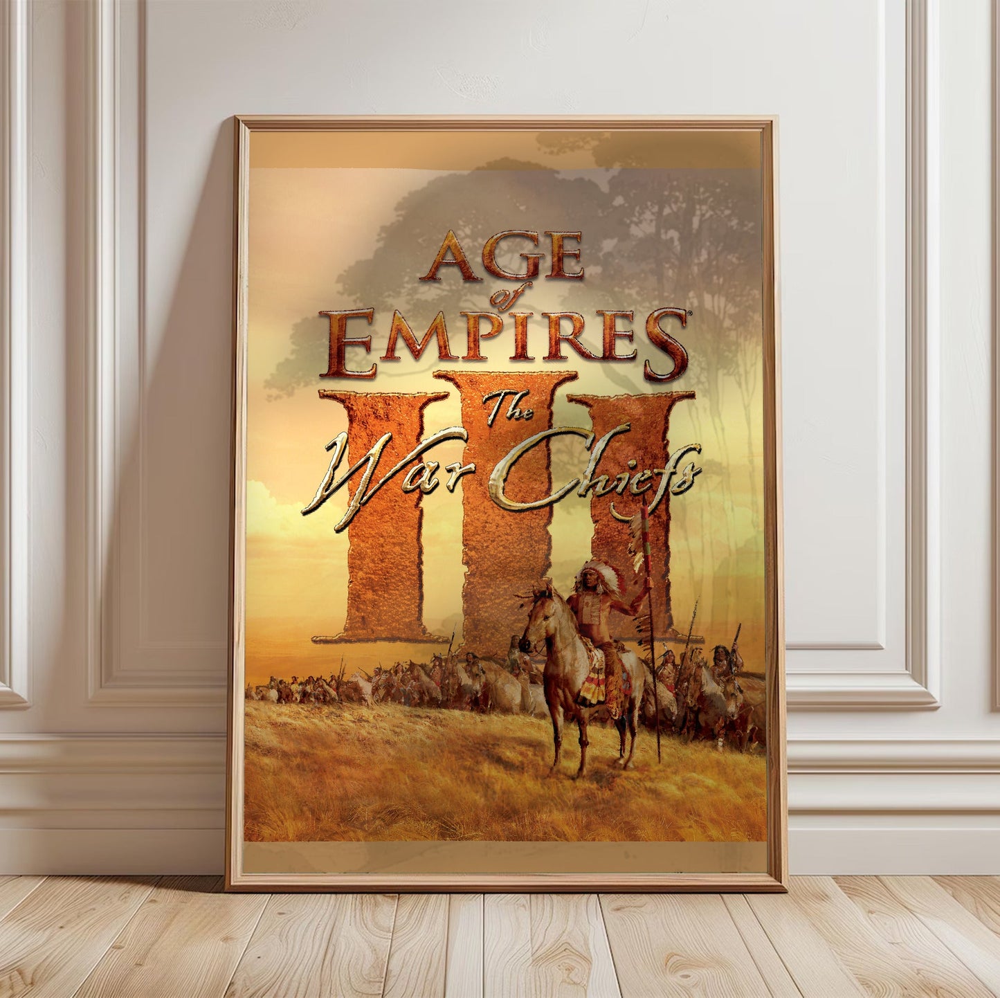 Age of Empires III The WarChiefs cover art in a light oak frame leaning against a white wall