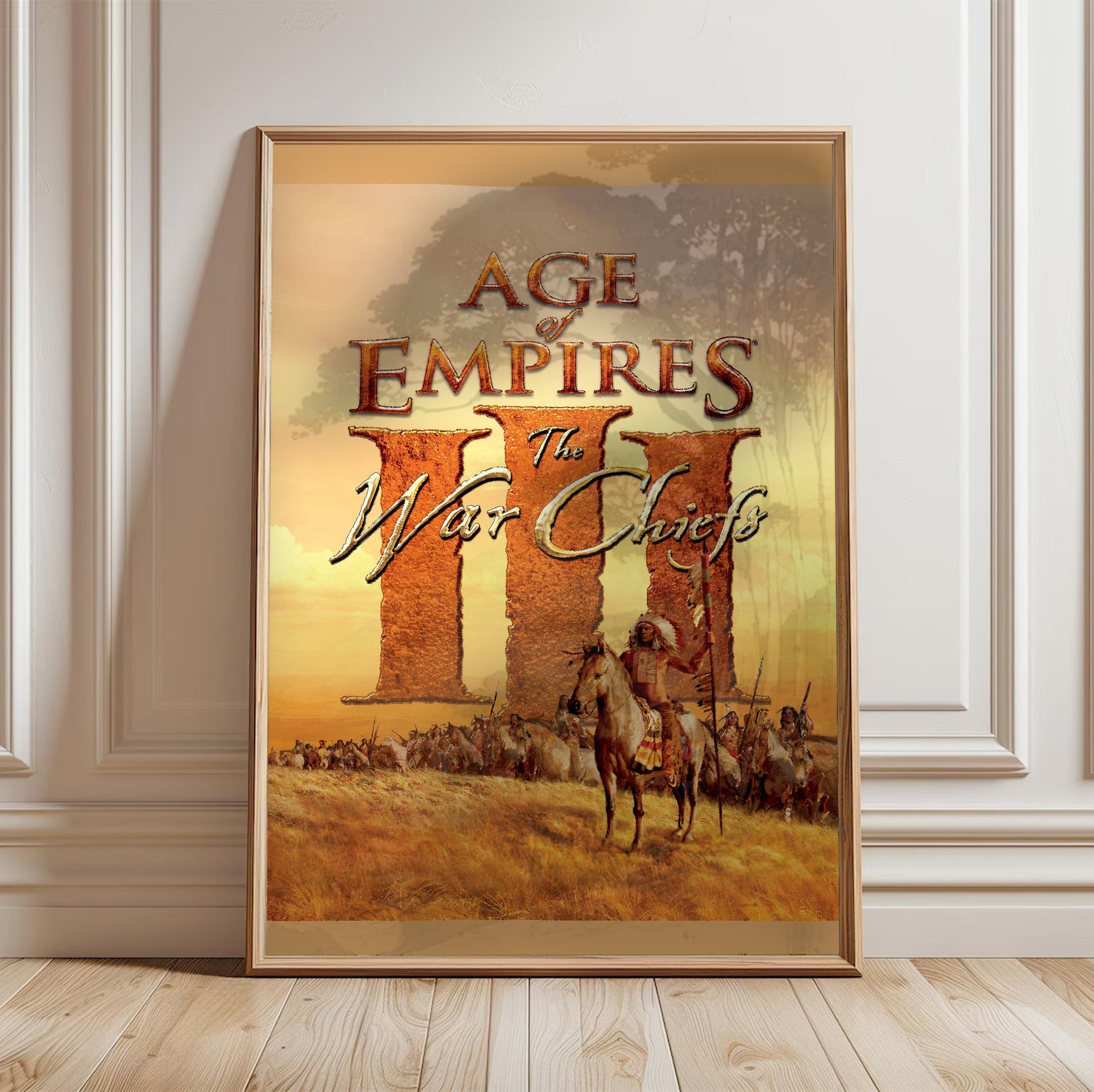Age of Empires III The WarChiefs cover art in a light oak frame leaning against a white wall