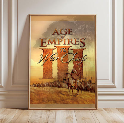 Age of Empires III The WarChiefs cover art in a light oak frame leaning against a white wall