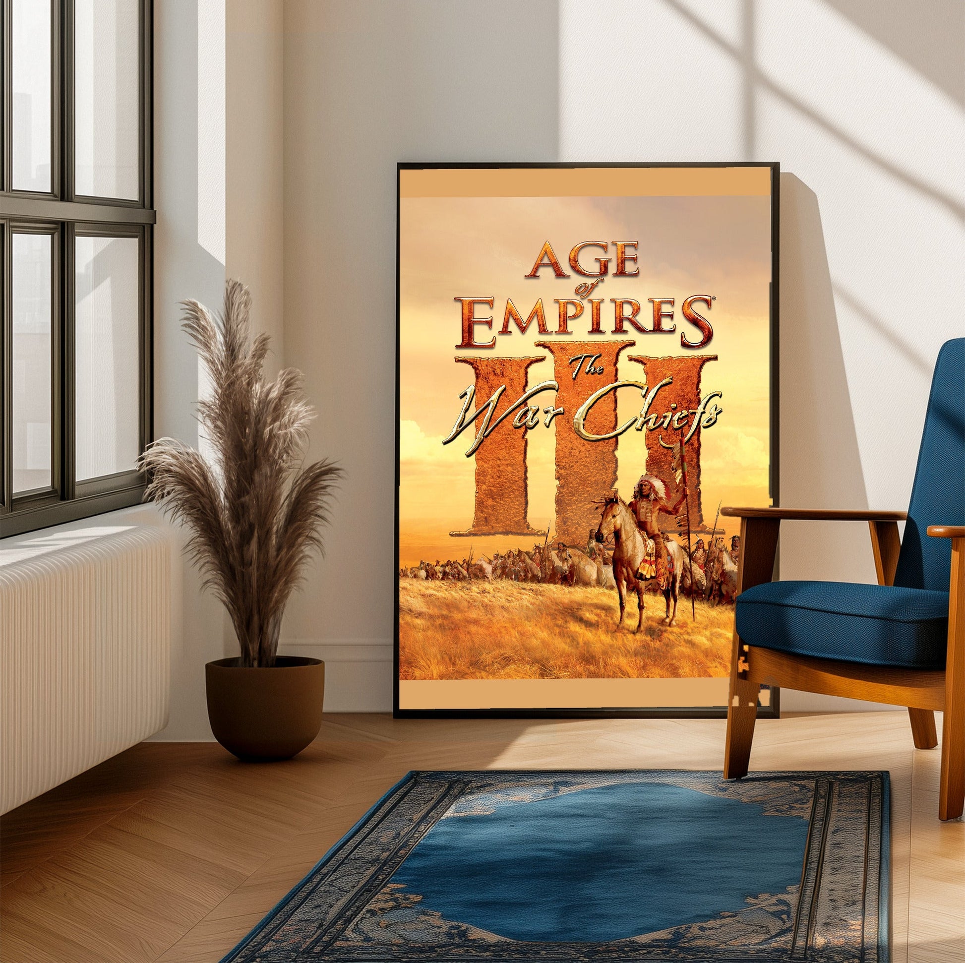 Age of Empires III The WarChiefs cover art framed beside a blue armchair in a sunlit room