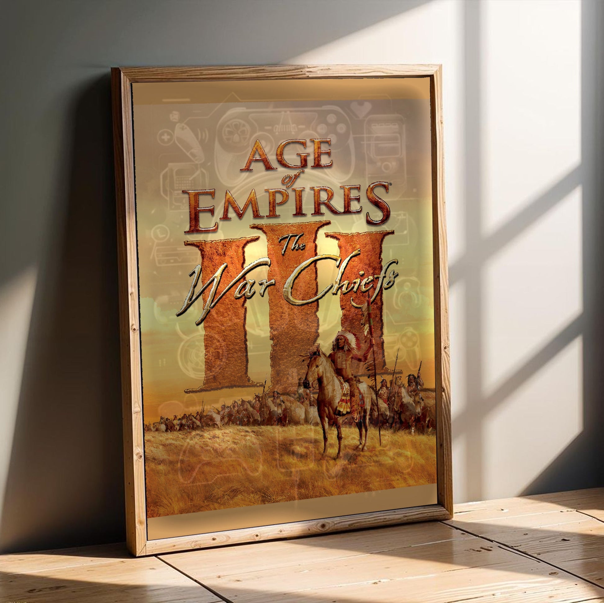 Age of Empires III The WarChiefs cover art in an oak frame leaning on a wooden floor