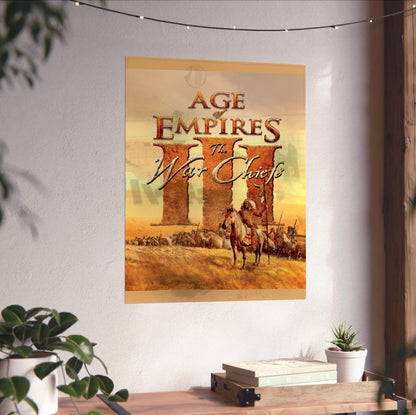 Age of Empires III The WarChiefs cover art unframed on a white wall above a desk