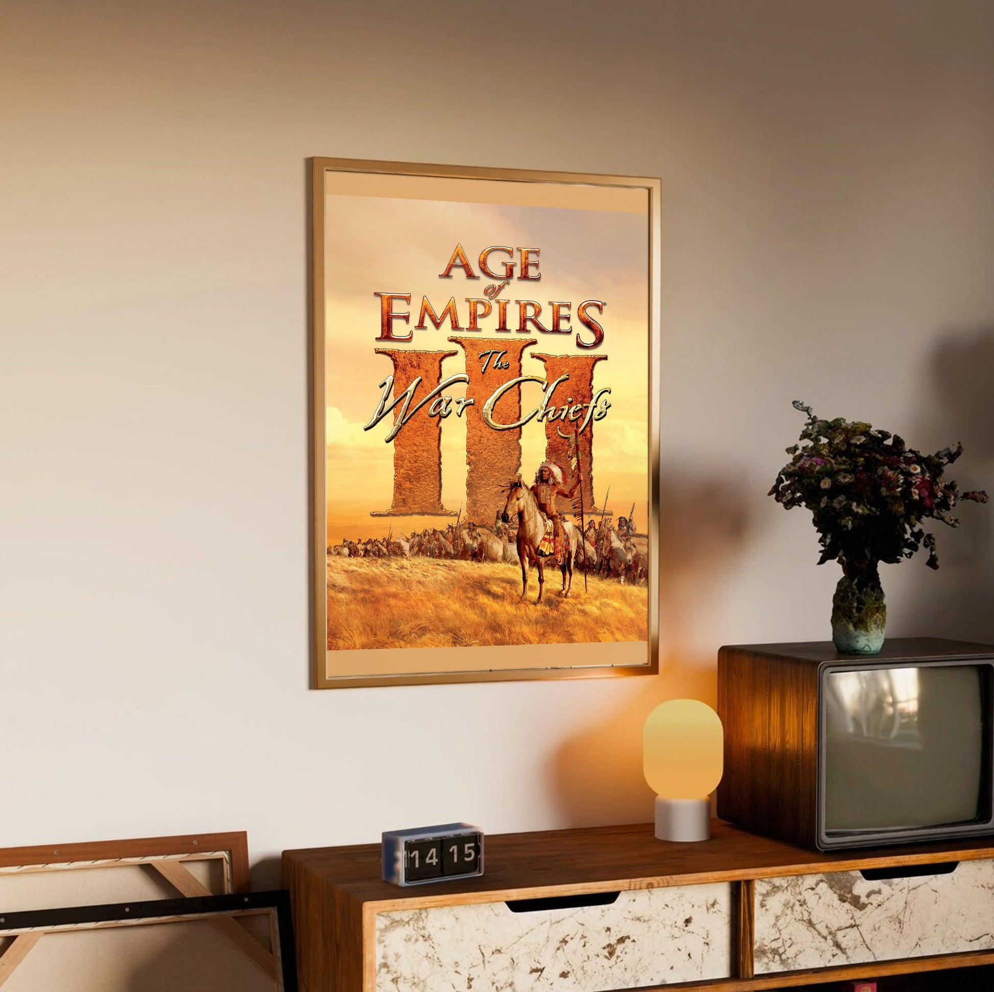 Age of Empires III The WarChiefs cover art in an oak frame above a sideboard