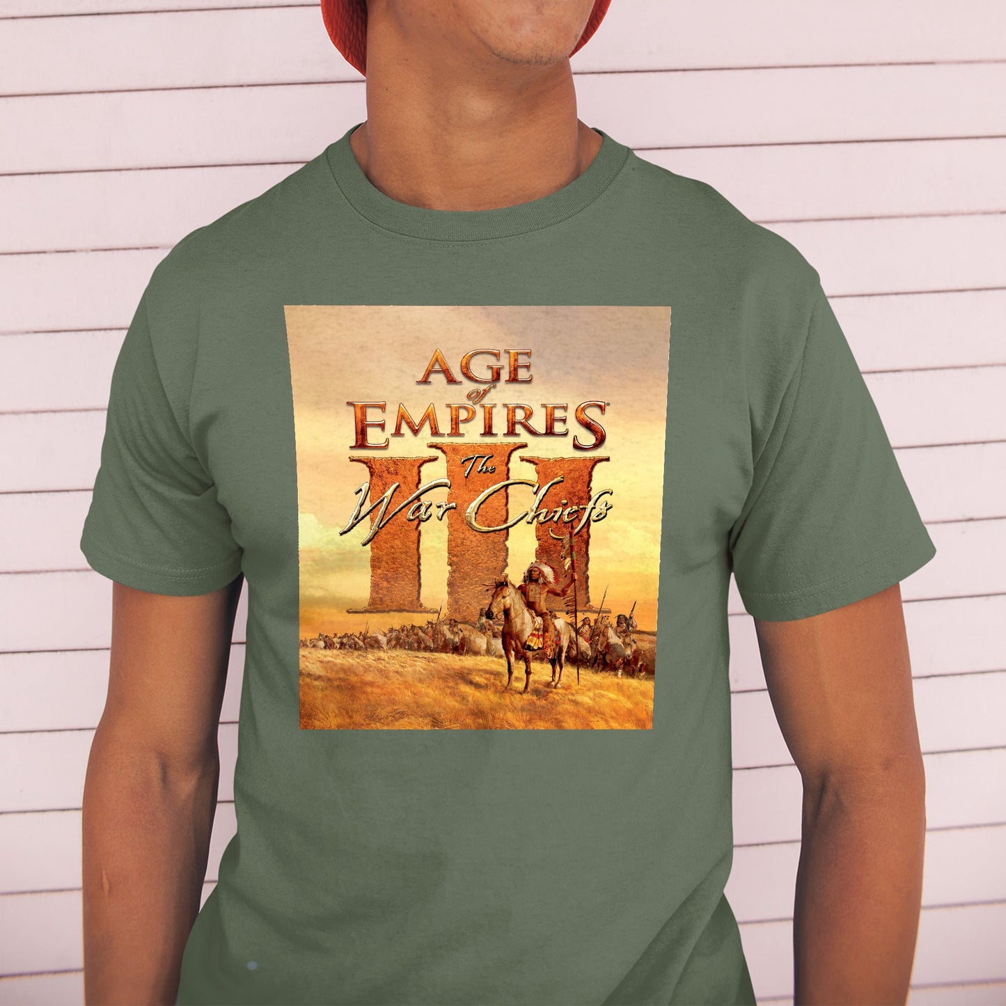 Age of Empires III The WarChiefs tee worn by a model in a cap, green