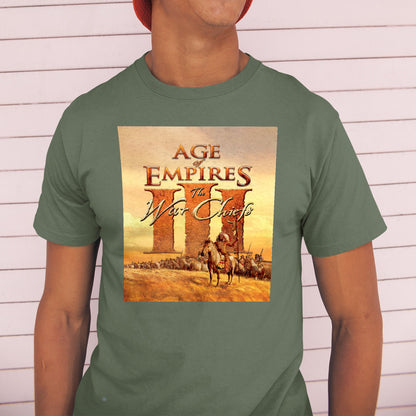 Age of Empires III The WarChiefs tee worn by a model in a cap, green
