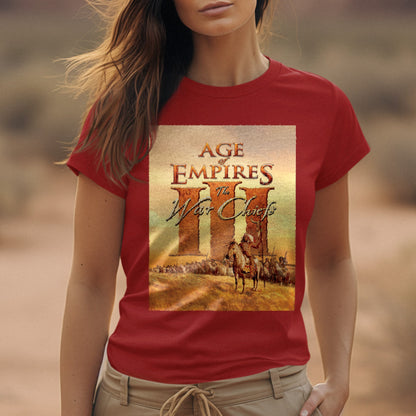 Age of Empires III The WarChiefs tee worn by a model, red