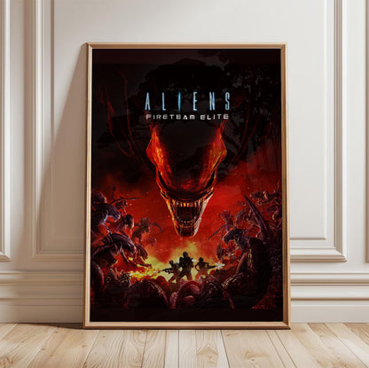Aliens Fireteam Elite cover art in a light oak frame leaning against a white wall