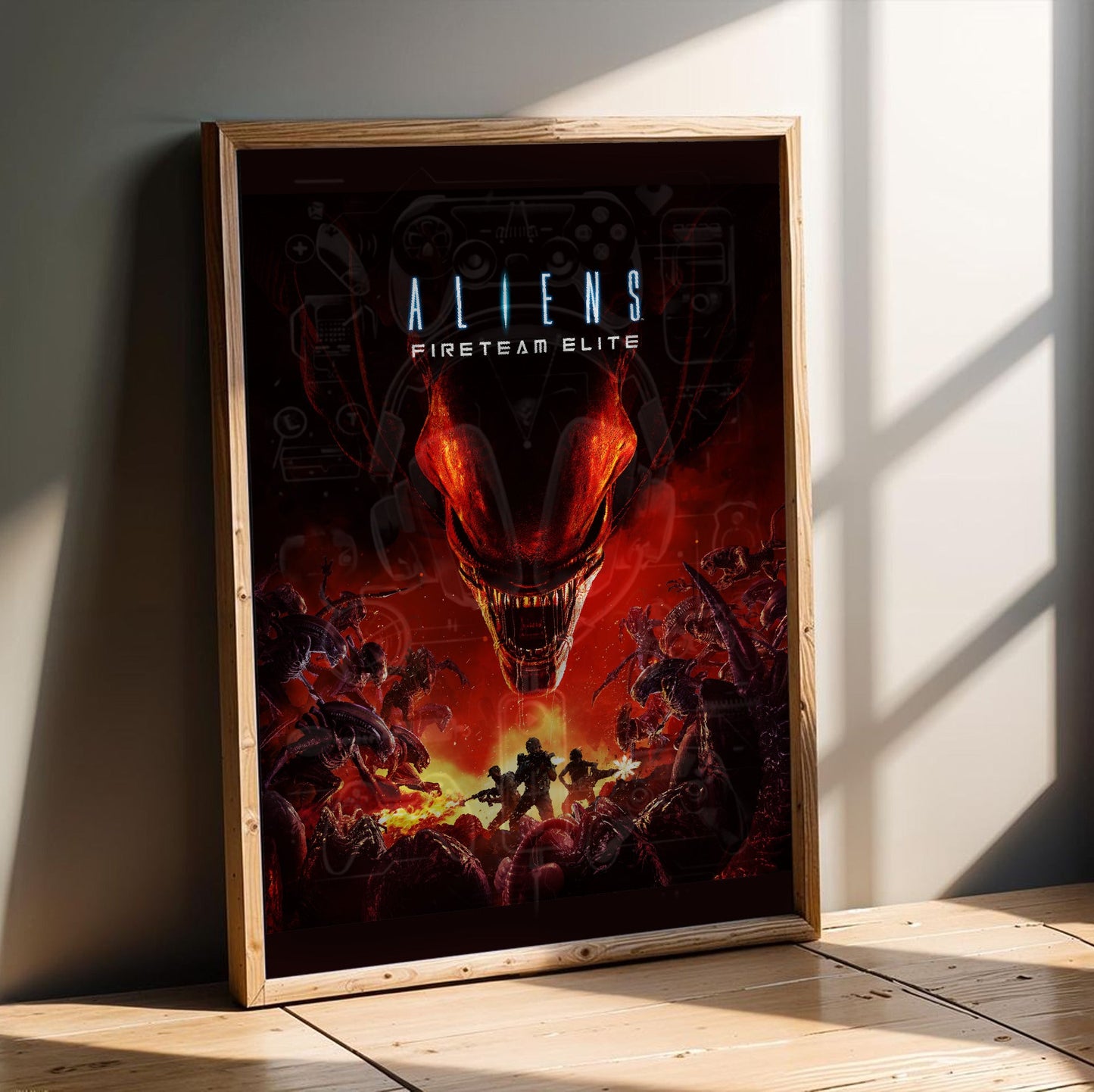 Aliens Fireteam Elite cover art in an oak frame leaning on a wooden floor