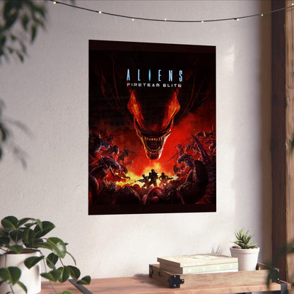 Aliens Fireteam Elite cover art unframed on a white wall above a desk