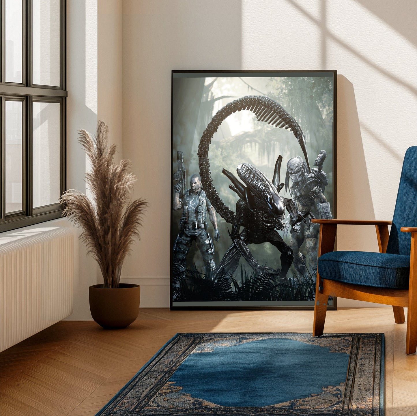 Aliens vs. Predator 2010 alien promo art framed beside a blue armchair in a sunlit room