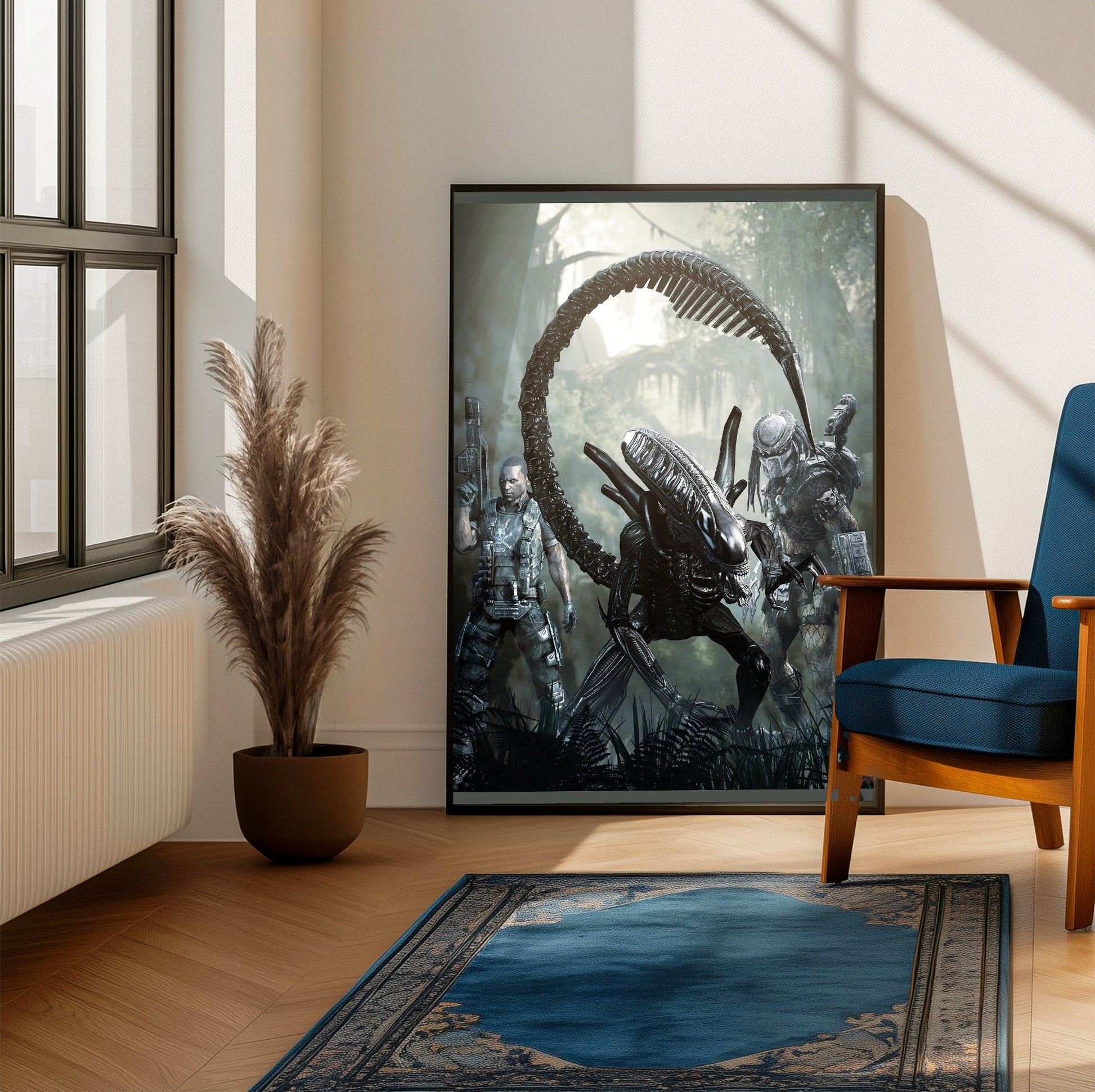 Aliens vs. Predator 2010 alien promo art framed beside a blue armchair in a sunlit room
