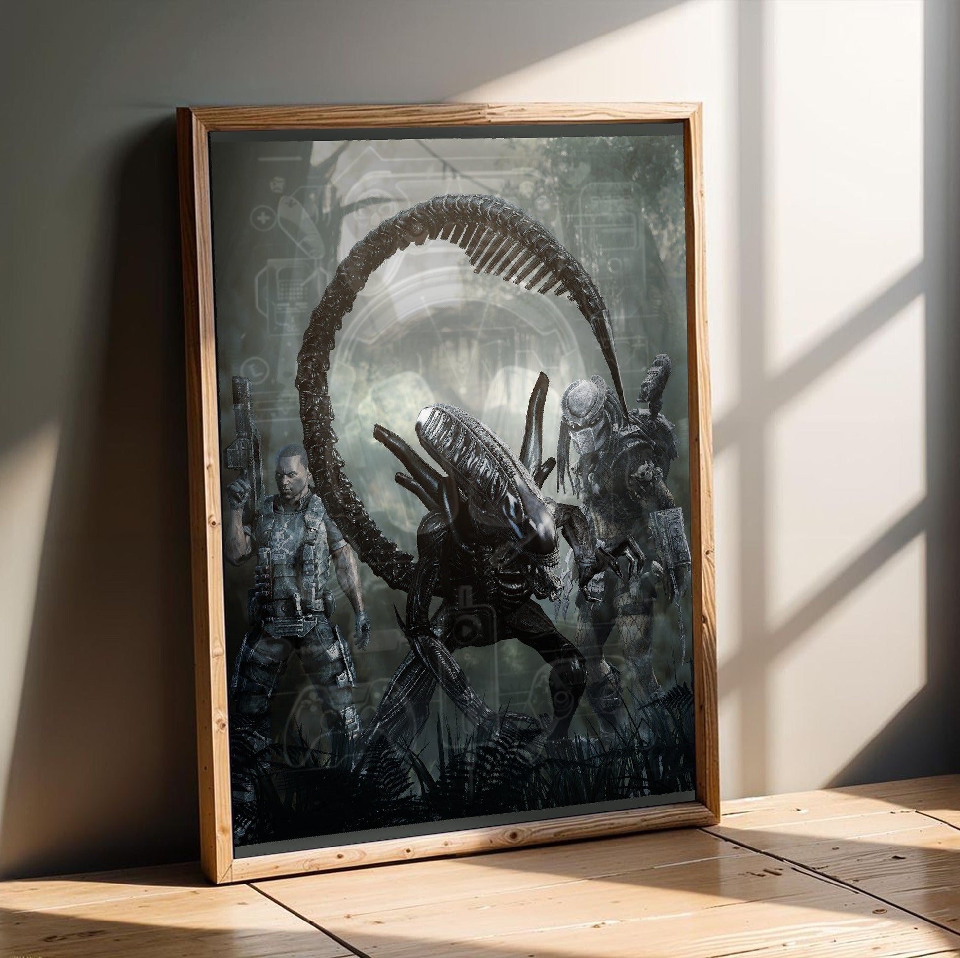 Aliens vs. Predator 2010 alien promo art in an oak frame leaning on a wooden floor